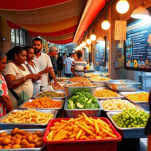 A busy street food market in Cape Town, filled with vendors and people enjoying various South African dishes