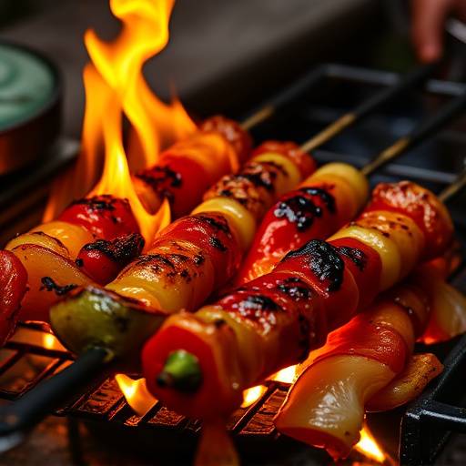A close-up of vibrant sosaties grilling over an open flame, showcasing their charred edges and colorful peppers and onions.