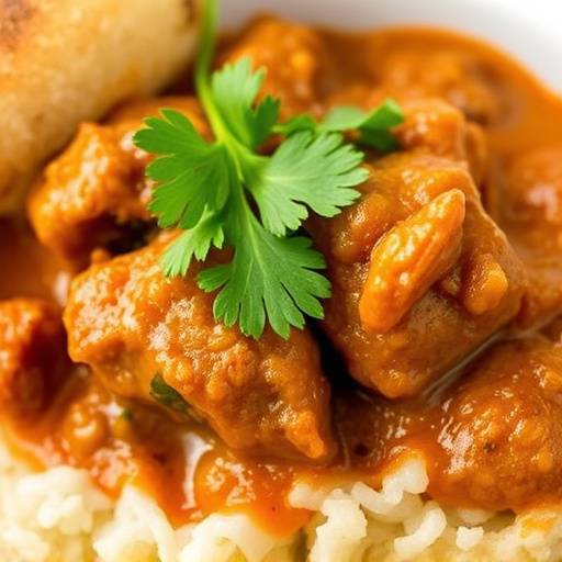 A close-up shot of a half loaf of bunny chow filled with mutton curry, garnished with fresh coriander