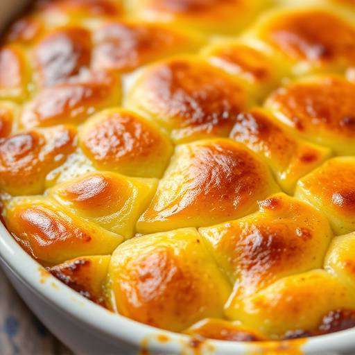 A close-up shot of Bobotie in a baking dish, topped with a golden crust.