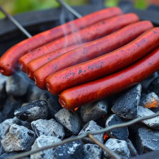 A coiled Boerewors sausage grilling over hot coals on a braai.