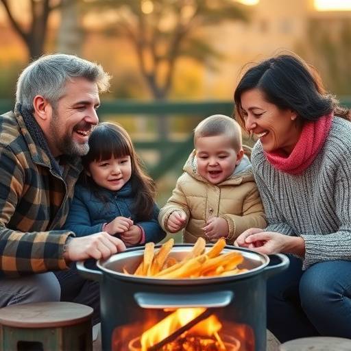 A family enjoying a large pot of Potjiekos outdoors, smiling and sharing.