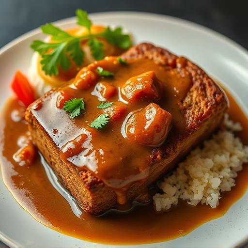 A freshly prepared bunny chow filled with flavorful Durban curry, showcased with a quarter loaf of bread and generous gravy.