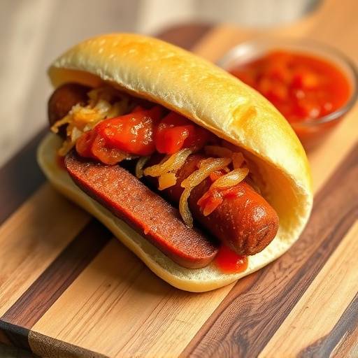 A juicy boerewors roll on a wooden board, topped with tomato relish and crispy fried onions