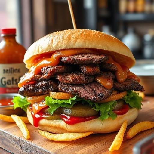 A massive Gatsby sandwich overflowing with steak, chips, and various sauces, cut into multiple pieces for sharing.