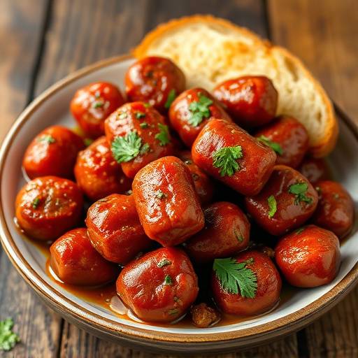 A sizzling plate of quick boerewors bites with chakalaka sauce and sliced bread.
