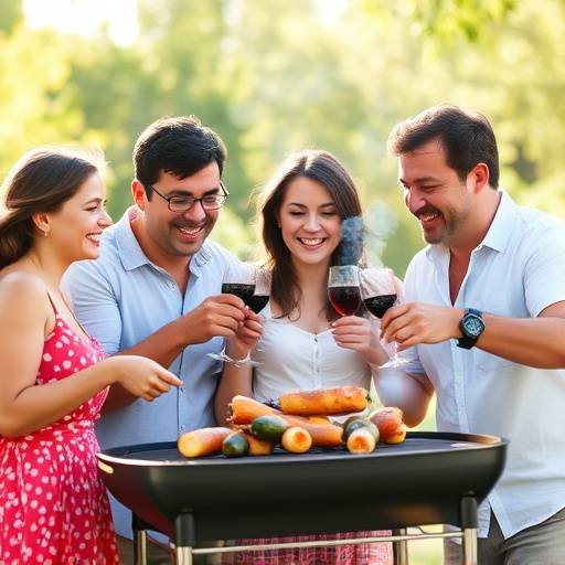 A smiling family passing around a platter of grilled Sosaties at a braai (barbecue).