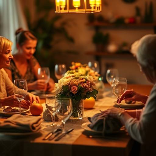 A table set with a steaming dish of Waterblommetjie Bredie surrounded by a family enjoying the meal.