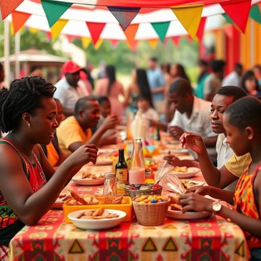 A vibrant image of a table filled with Bunny Chow, smiling people eating the dish.