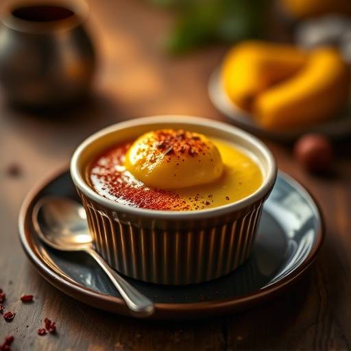 A warm, gooey Malva Pudding served with custard in a ramekin.