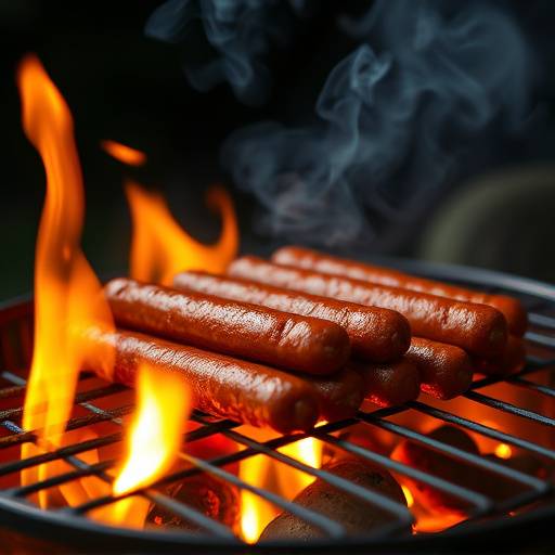 Boerewors cooking on a braai, surrounded by flames and smoke.