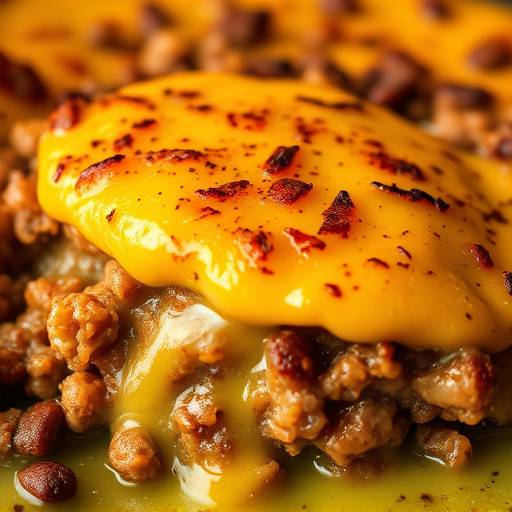Close-up image of Bobotie, a spiced minced meat dish topped with a baked egg custard.