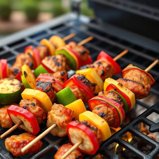 Colorful Sosaties skewers grilling on a barbecue, featuring marinated meat and vegetables.
